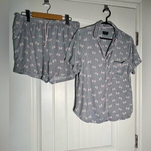 Kate Spade Gray and Pink Bow Pajama Set with short sleeve shirt and shorts